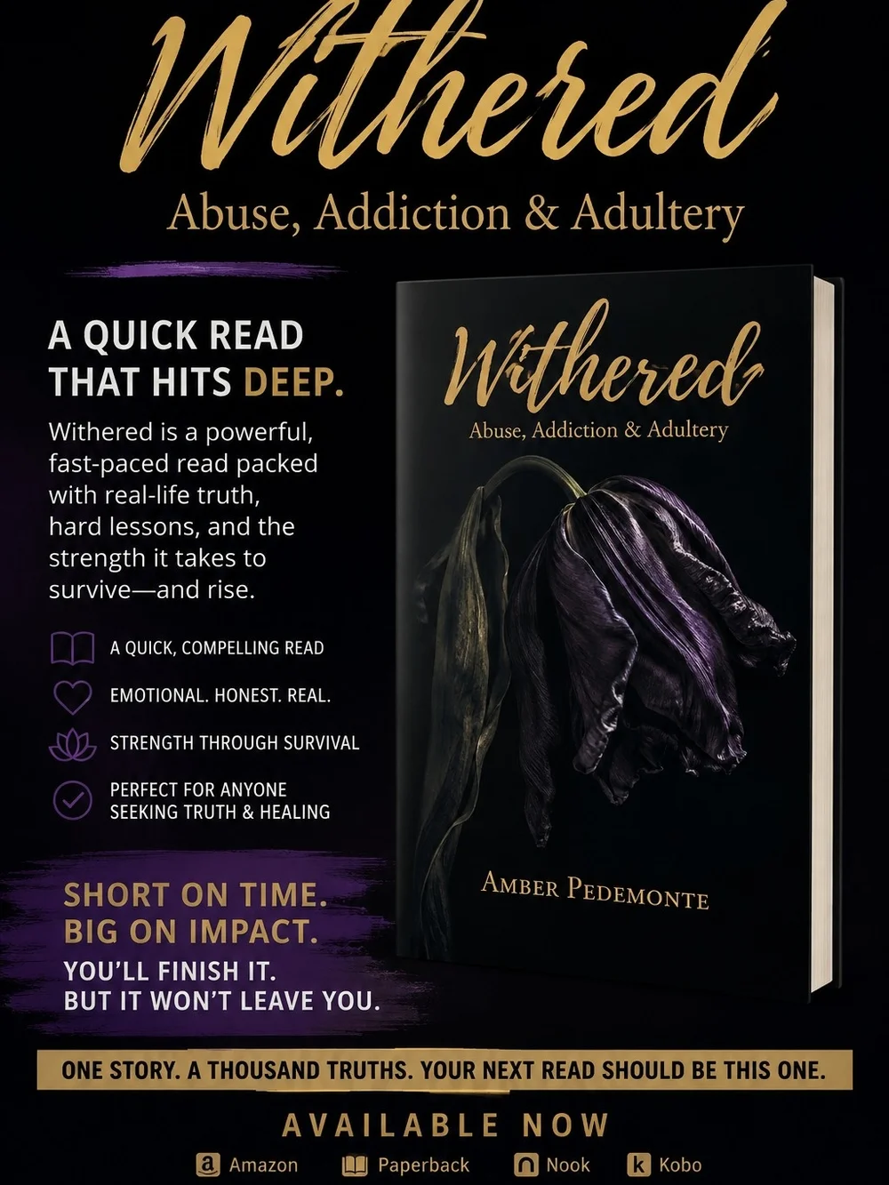 Withered: Abuse, Addiction & Adultery by Amber Pedemonte. Autographed Copy
